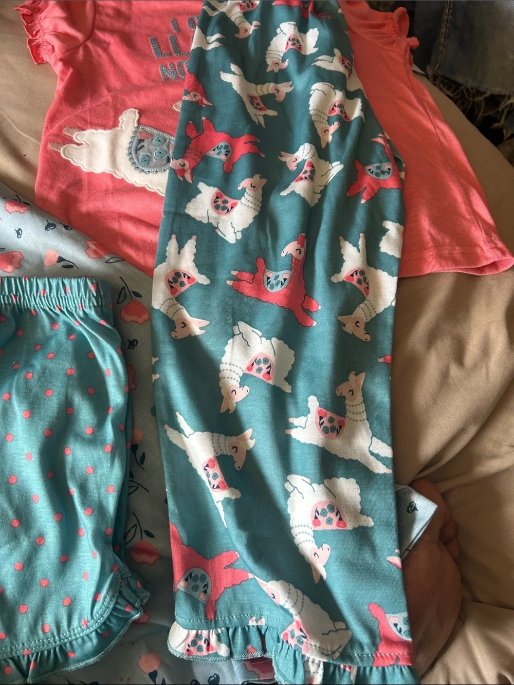 Carter's Coral Llama Top with Teal Llama and Dot Pajama Bottoms